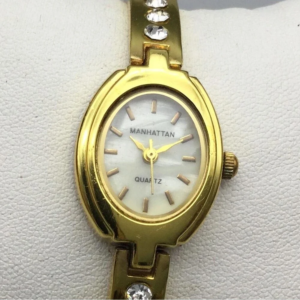 Manhattan Womens Watch 19mm MOP Dial Gold Tone Crystal Bracelet New Battery 7